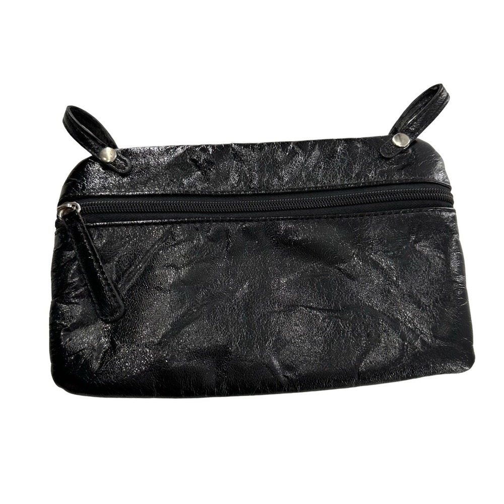 Vtg Black Faux Leather Zip-Around Coin Purse Wallet Soft Retro Organization c